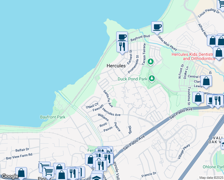 map of restaurants, bars, coffee shops, grocery stores, and more near 166 Kensington Circle in Hercules