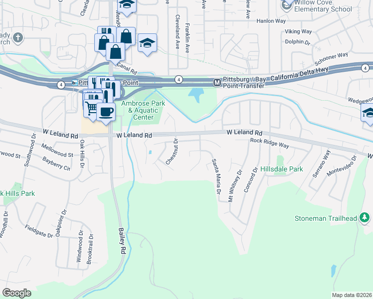 map of restaurants, bars, coffee shops, grocery stores, and more near 1142 Los Palos Court in Pittsburg