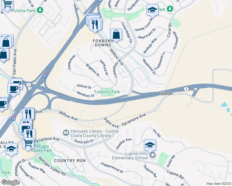map of restaurants, bars, coffee shops, grocery stores, and more near 108 Sheffield in Hercules