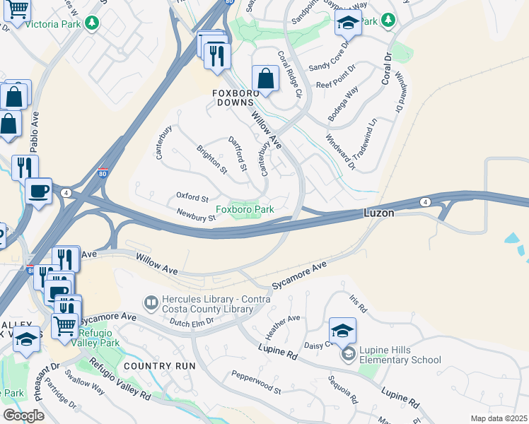 map of restaurants, bars, coffee shops, grocery stores, and more near 108 Sheffield in Hercules