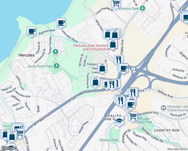 map of restaurants, bars, coffee shops, grocery stores, and more near 2078 Lewis Street in Hercules