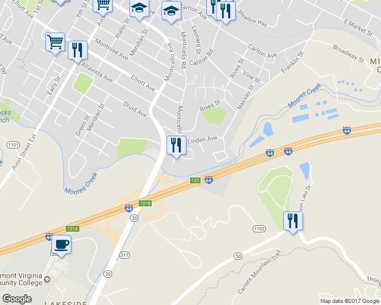 map of restaurants, bars, coffee shops, grocery stores, and more near 1306 Knoll Street in Charlottesville
