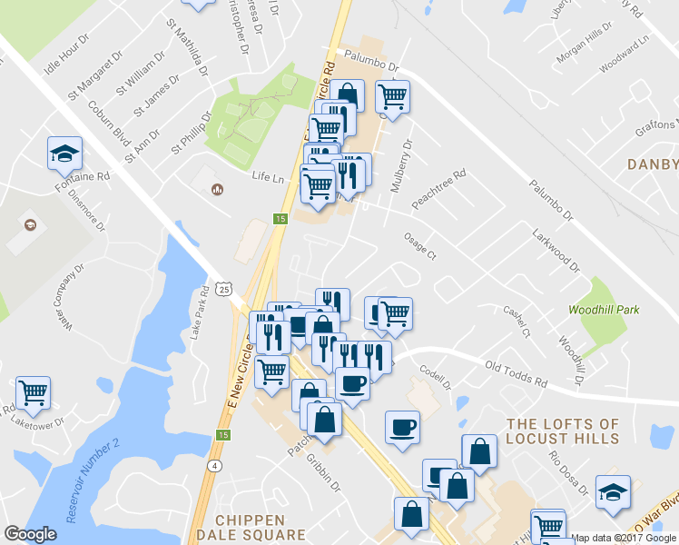 map of restaurants, bars, coffee shops, grocery stores, and more near 2476 Butternut Hill Ct in Lexington
