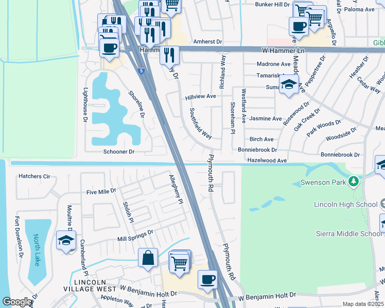map of restaurants, bars, coffee shops, grocery stores, and more near 3126 Kelley Court in Stockton