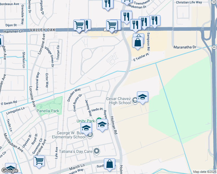 map of restaurants, bars, coffee shops, grocery stores, and more near 5935 Rayanna Drive in Stockton