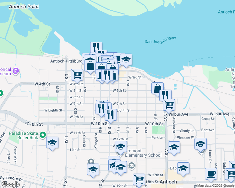 map of restaurants, bars, coffee shops, grocery stores, and more near in Antioch
