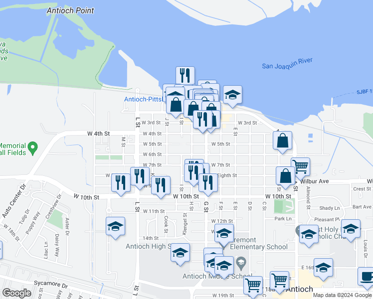 map of restaurants, bars, coffee shops, grocery stores, and more near 510 G Street in Antioch