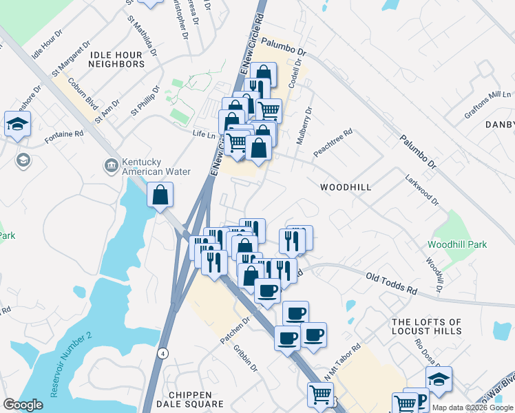 map of restaurants, bars, coffee shops, grocery stores, and more near 2476 Butternut Hill Court in Lexington