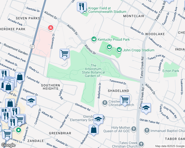 map of restaurants, bars, coffee shops, grocery stores, and more near 1831 Bellefonte Drive in Lexington