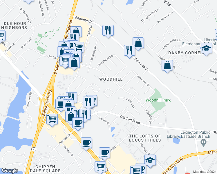 map of restaurants, bars, coffee shops, grocery stores, and more near 185 Hedgewood Court in Lexington