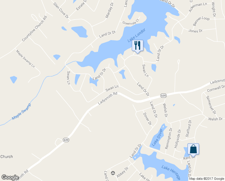map of restaurants, bars, coffee shops, grocery stores, and more near 957 Swan Lane in Ruther Glen