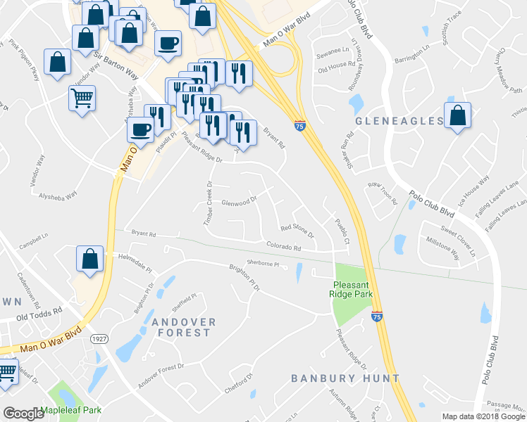 map of restaurants, bars, coffee shops, grocery stores, and more near 1280 Colorado Road in Lexington