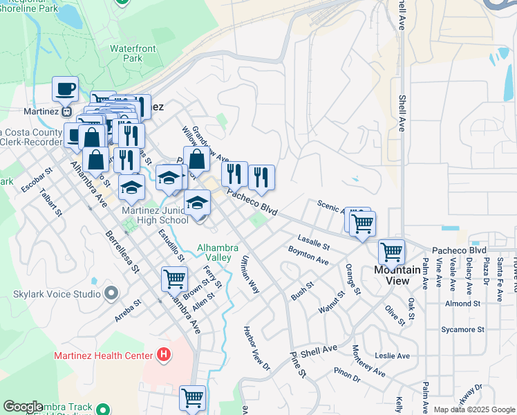 map of restaurants, bars, coffee shops, grocery stores, and more near 1636 Pacheco Boulevard in Martinez