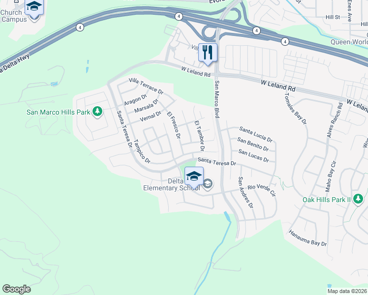 map of restaurants, bars, coffee shops, grocery stores, and more near 2016 El Fresco Drive in Bay Point