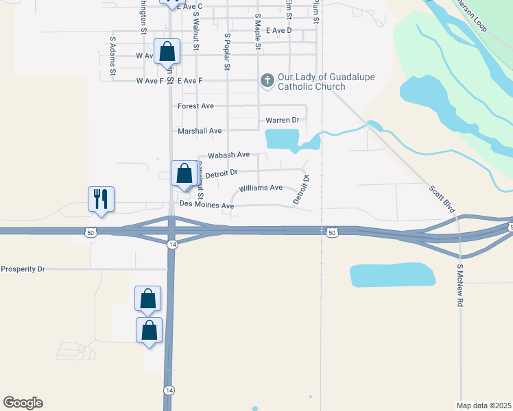 map of restaurants, bars, coffee shops, grocery stores, and more near 47 Des Moines Avenue in South Hutchinson