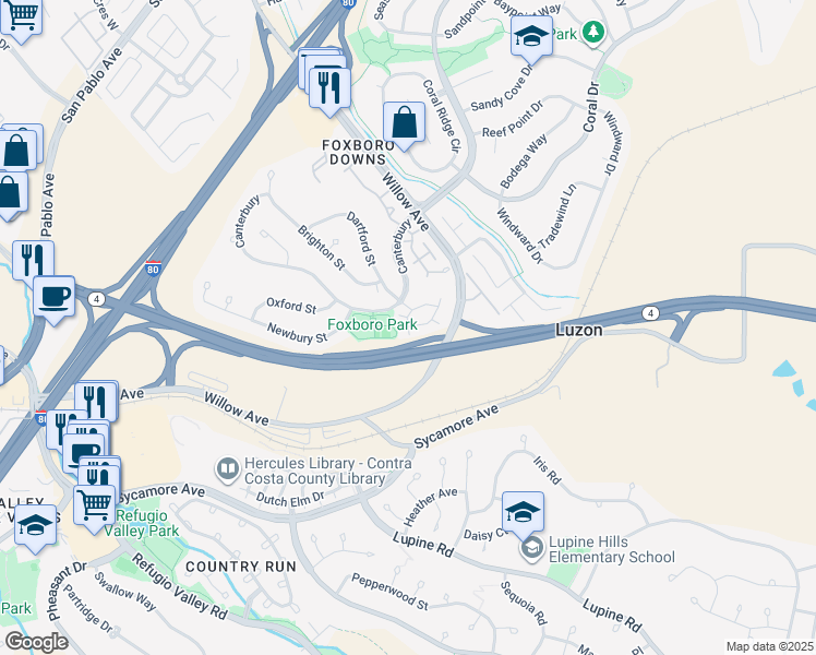map of restaurants, bars, coffee shops, grocery stores, and more near Sheffield & Worthing in Hercules