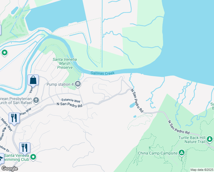 map of restaurants, bars, coffee shops, grocery stores, and more near 398 Upper Road in San Rafael