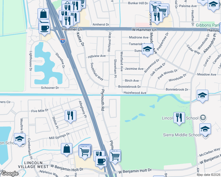 map of restaurants, bars, coffee shops, grocery stores, and more near 7020 Richland Way in Stockton
