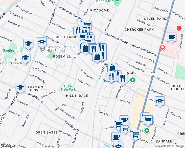 map of restaurants, bars, coffee shops, grocery stores, and more near 331 Stratford Drive in Lexington