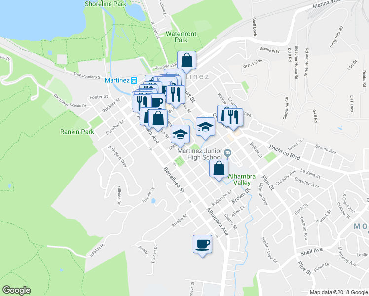 map of restaurants, bars, coffee shops, grocery stores, and more near 1100 Estudillo Street in Martinez