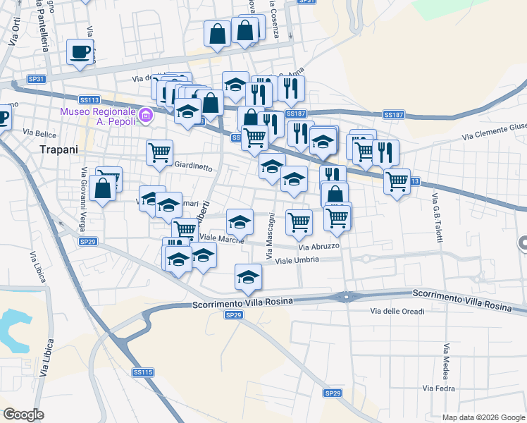 map of restaurants, bars, coffee shops, grocery stores, and more near 19 Via Emilia Romagna in Trapani