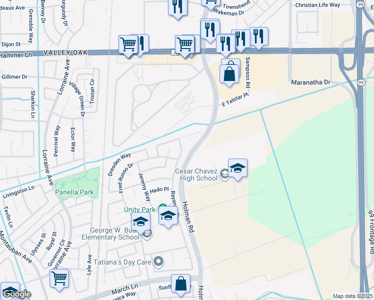 map of restaurants, bars, coffee shops, grocery stores, and more near 5935 Rayanna Drive in Stockton