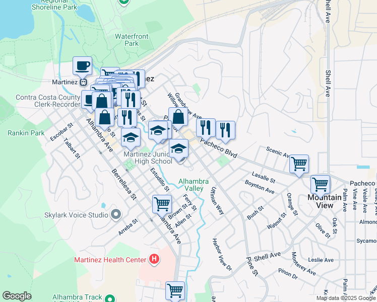 map of restaurants, bars, coffee shops, grocery stores, and more near 1025 Haven Street in Martinez