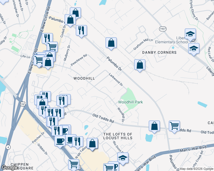 map of restaurants, bars, coffee shops, grocery stores, and more near 337 Shadow Glen Court in Lexington