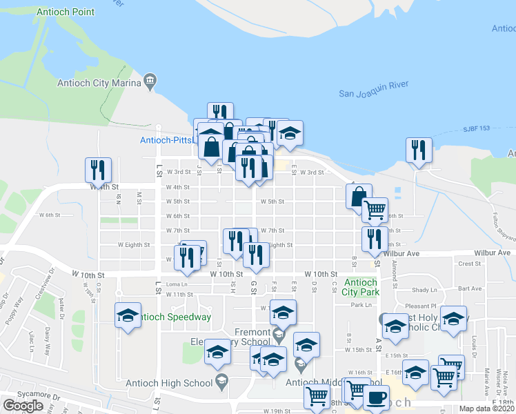 map of restaurants, bars, coffee shops, grocery stores, and more near 509 G Street in Antioch