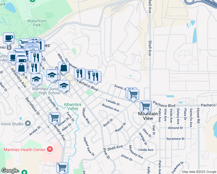 map of restaurants, bars, coffee shops, grocery stores, and more near 1453 Ash Street in Martinez
