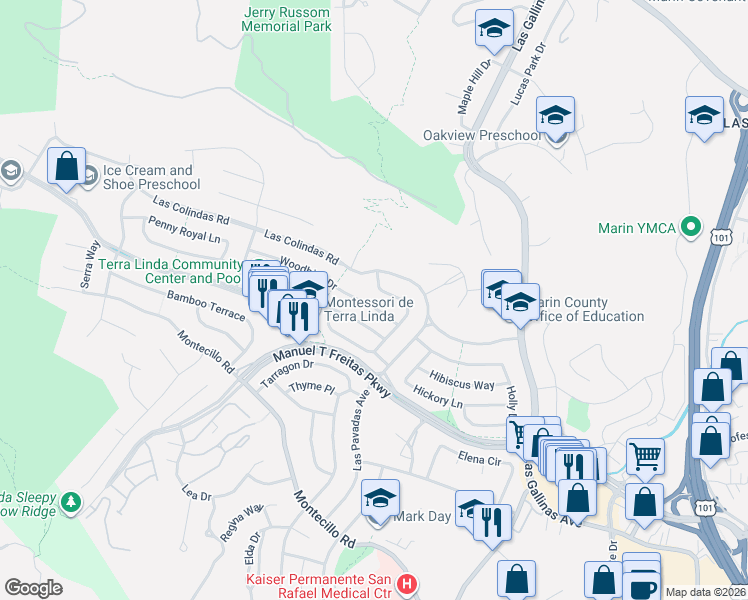 map of restaurants, bars, coffee shops, grocery stores, and more near 570 Woodbine Drive in San Rafael