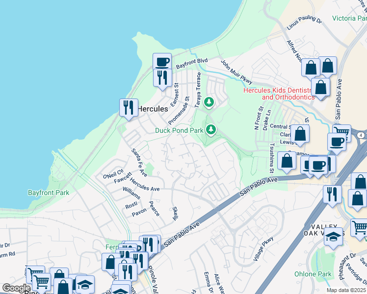 map of restaurants, bars, coffee shops, grocery stores, and more near 218 Apollo in Hercules