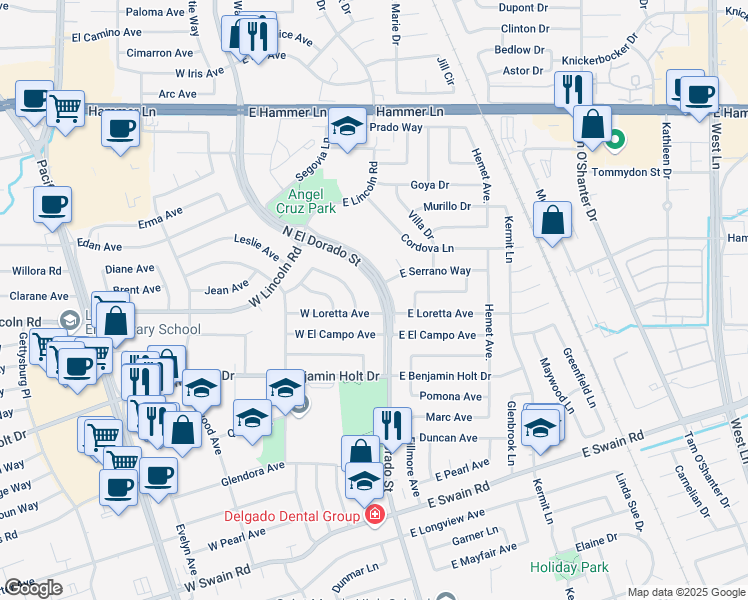 map of restaurants, bars, coffee shops, grocery stores, and more near 6711 North El Dorado Street in Stockton
