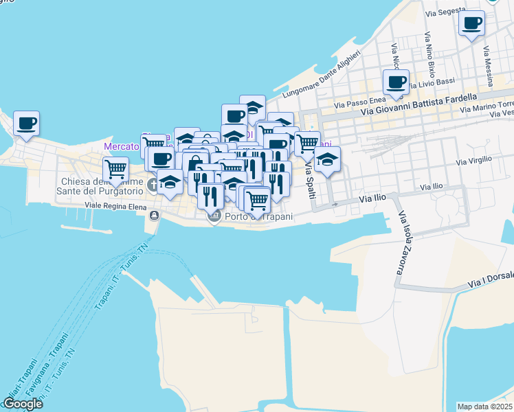 map of restaurants, bars, coffee shops, grocery stores, and more near 31 Vicolo Adragna in Trapani
