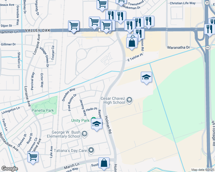 map of restaurants, bars, coffee shops, grocery stores, and more near 5935 Rayanna Drive in Stockton