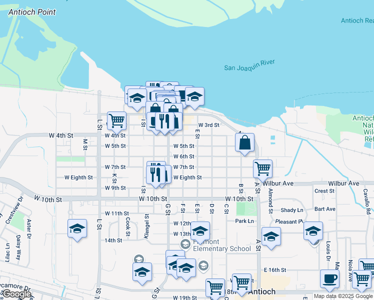 map of restaurants, bars, coffee shops, grocery stores, and more near in Antioch