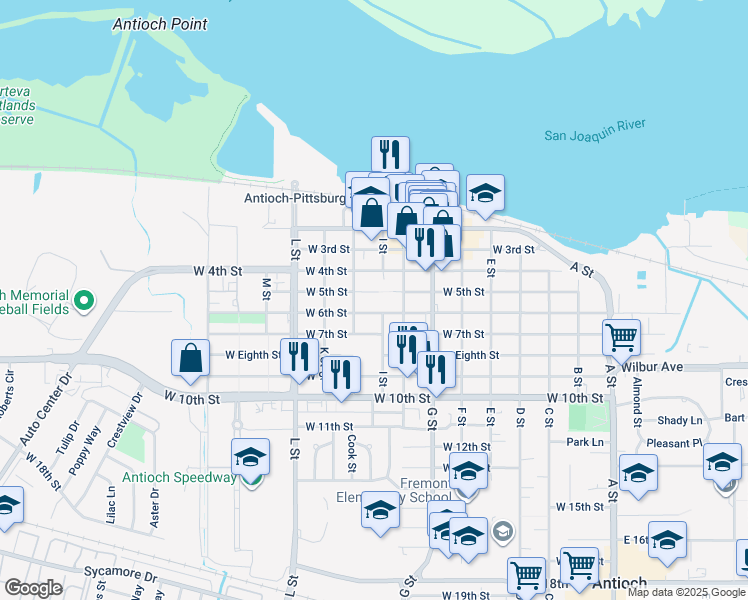 map of restaurants, bars, coffee shops, grocery stores, and more near 811 West 5th Street in Antioch