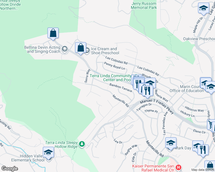 map of restaurants, bars, coffee shops, grocery stores, and more near 729 Bamboo Terrace in San Rafael
