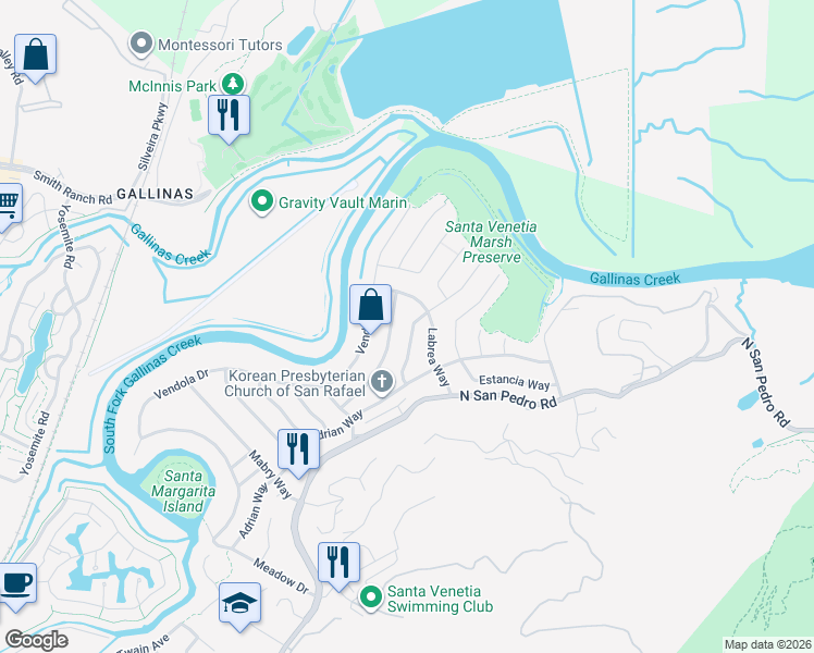 map of restaurants, bars, coffee shops, grocery stores, and more near 675 Rosal Way in San Rafael