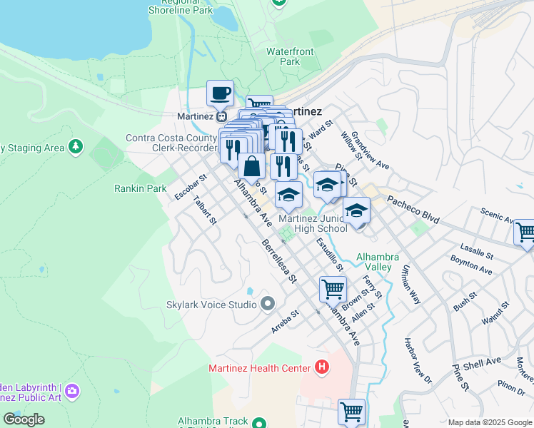 map of restaurants, bars, coffee shops, grocery stores, and more near 1025 Alhambra Avenue in Martinez