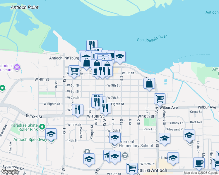 map of restaurants, bars, coffee shops, grocery stores, and more near 511 West 5th Street in Antioch