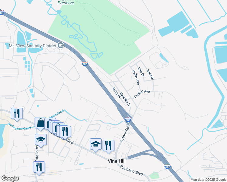 map of restaurants, bars, coffee shops, grocery stores, and more near 4464 Actriz Pl in Martinez
