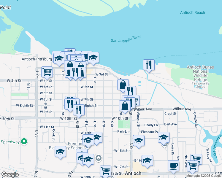 map of restaurants, bars, coffee shops, grocery stores, and more near in Antioch