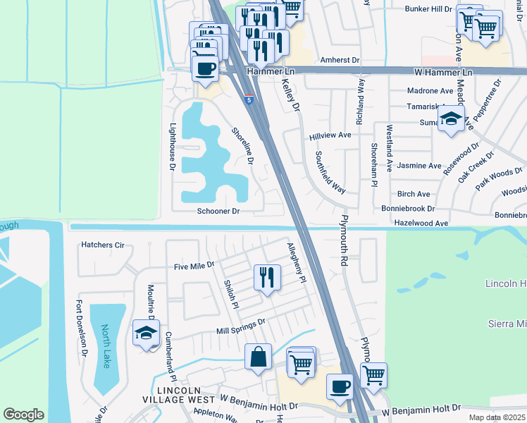map of restaurants, bars, coffee shops, grocery stores, and more near 3200 Schooner Drive in Stockton