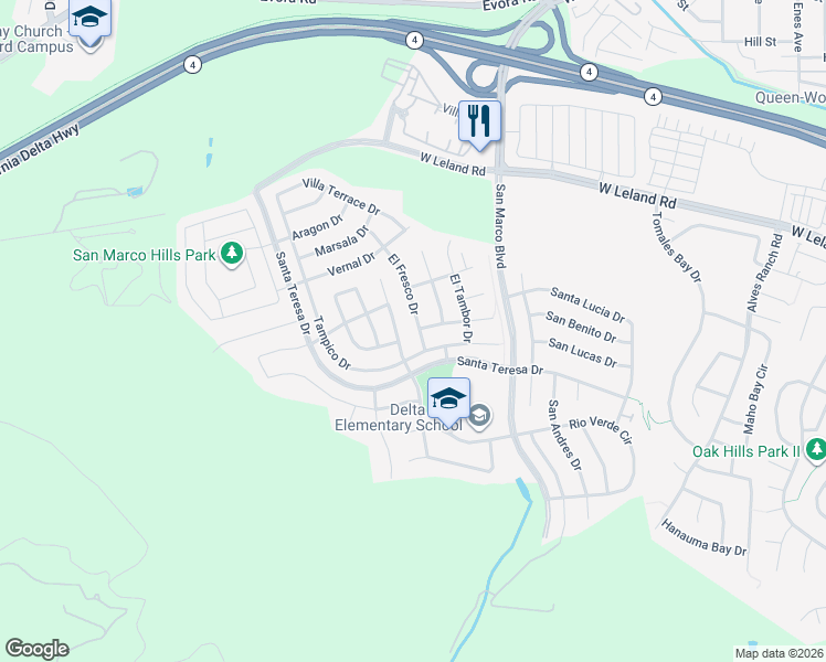 map of restaurants, bars, coffee shops, grocery stores, and more near 2016 El Fresco Drive in Bay Point