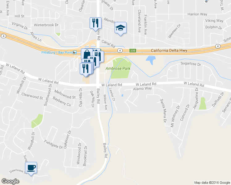 map of restaurants, bars, coffee shops, grocery stores, and more near 128 Lawlor Court in Bay Point