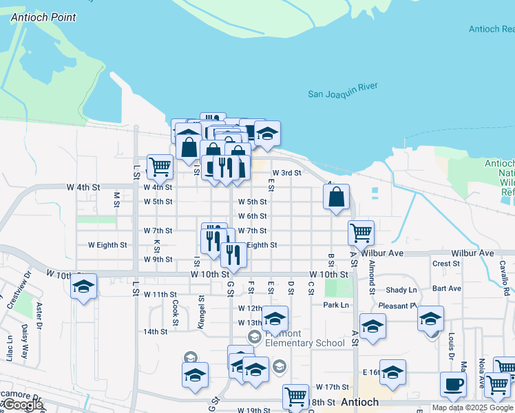 map of restaurants, bars, coffee shops, grocery stores, and more near in Antioch