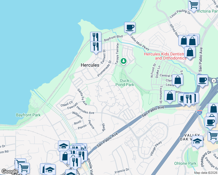 map of restaurants, bars, coffee shops, grocery stores, and more near 218 Apollo in Hercules