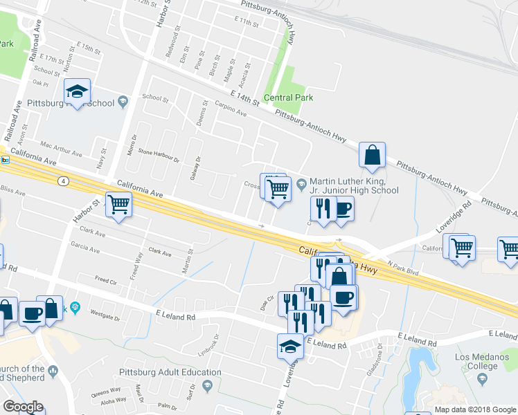 map of restaurants, bars, coffee shops, grocery stores, and more near 250 Patricia Avenue in Pittsburg