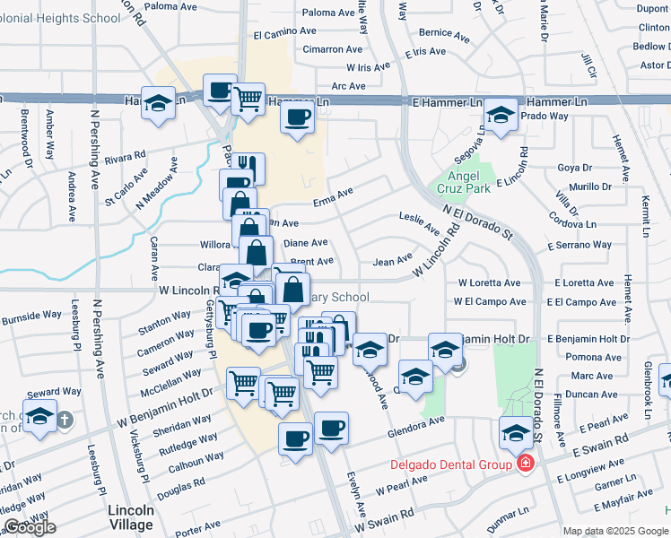map of restaurants, bars, coffee shops, grocery stores, and more near 7115 Emeryn St in Stockton